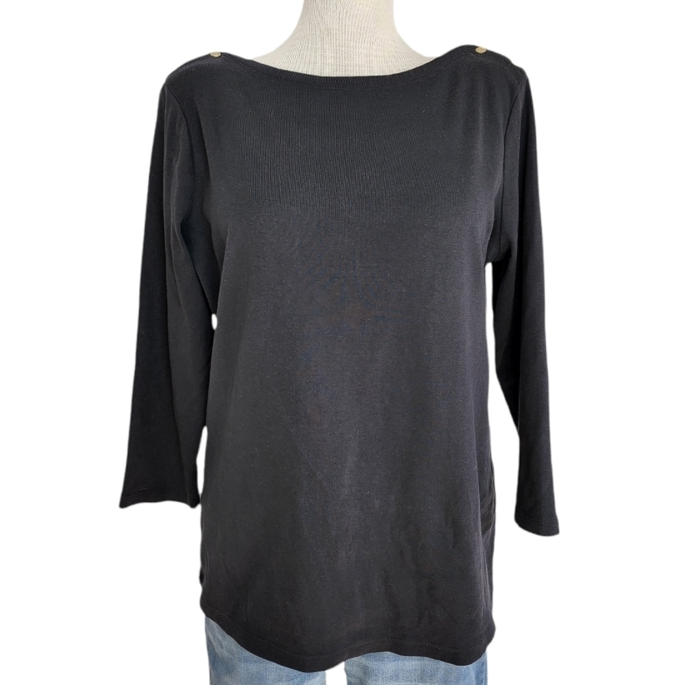 Lands' End Black Quarter Sleeve Gold Button Boat Neck Women's Top Size L